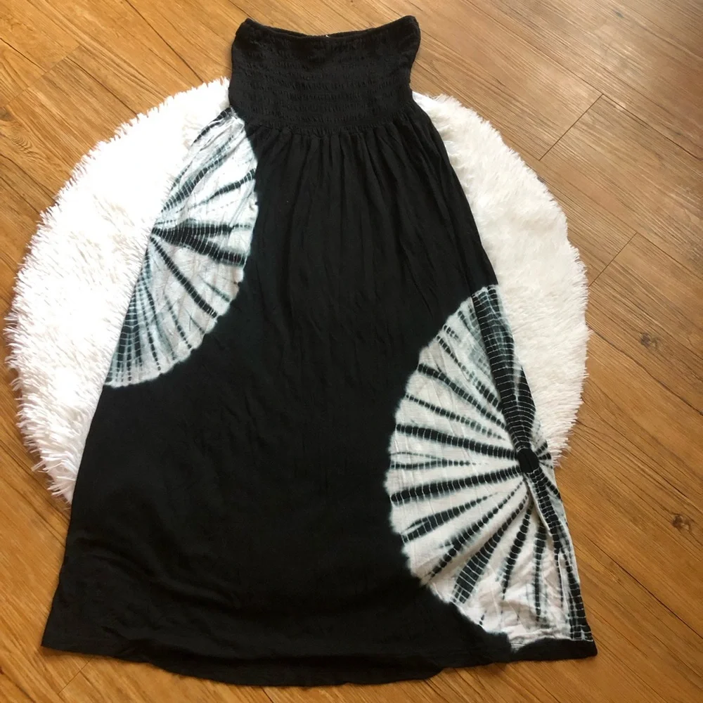 StyleWorks Black and White Tie Dye Bandeau Strapless Maxi Dress - Picture 1 of 11